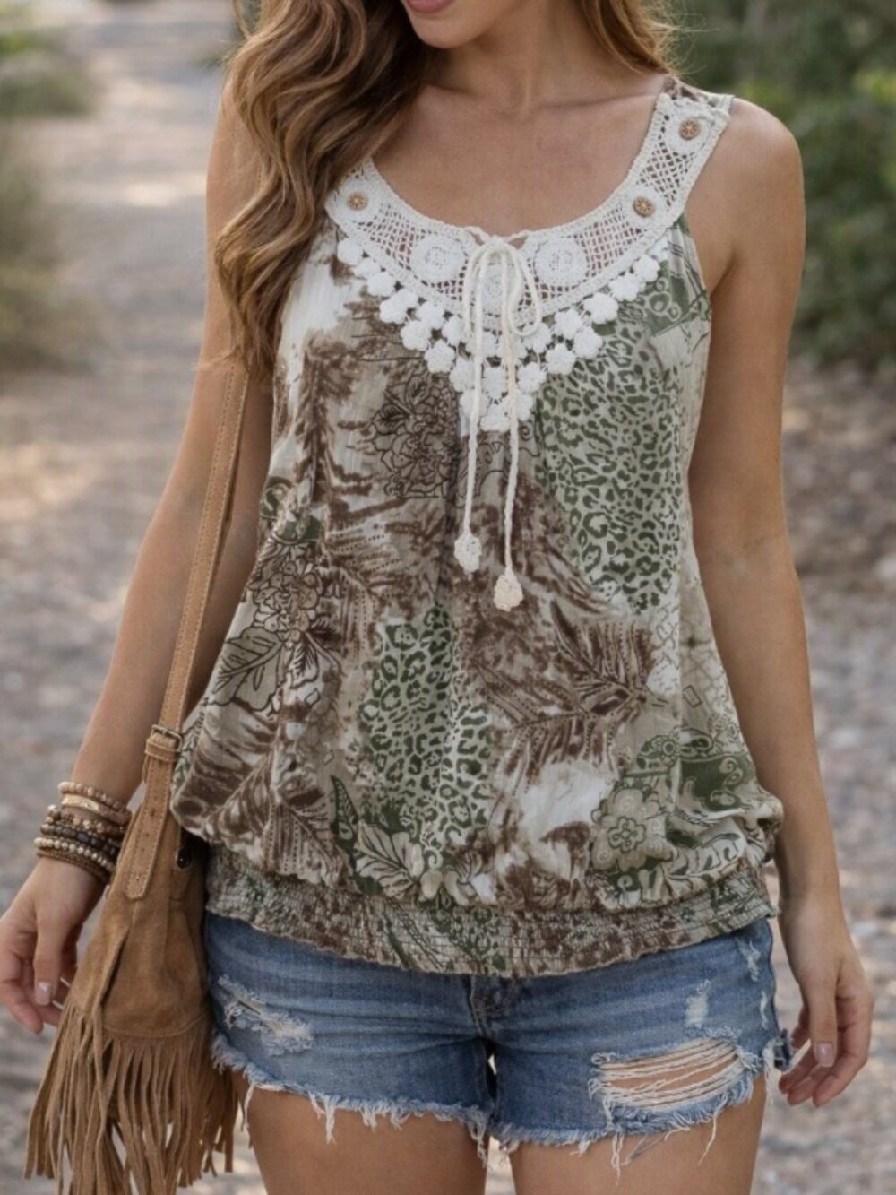 French Laundry Crochet Yoke Boho Top Blouse M Cottagecore Festival Smocked Waist
